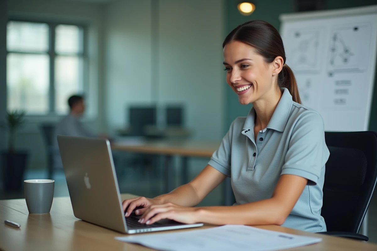 Administratrice sportive utilisant un logiciel de gestion de fédération de basketball au bureau