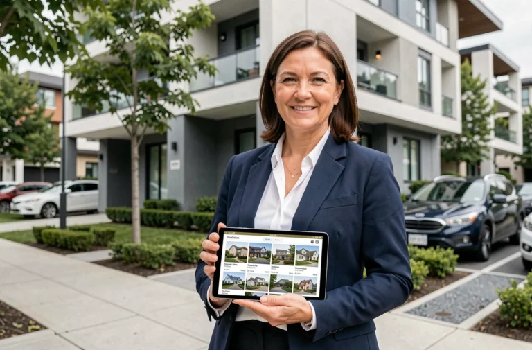 Agent immobilière professionnelle devant un immeuble résidentiel moderne tenant une tablette avec des annonces immobilières