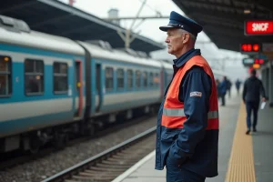 Agent de train en uniforme sur plateforme urbaine
