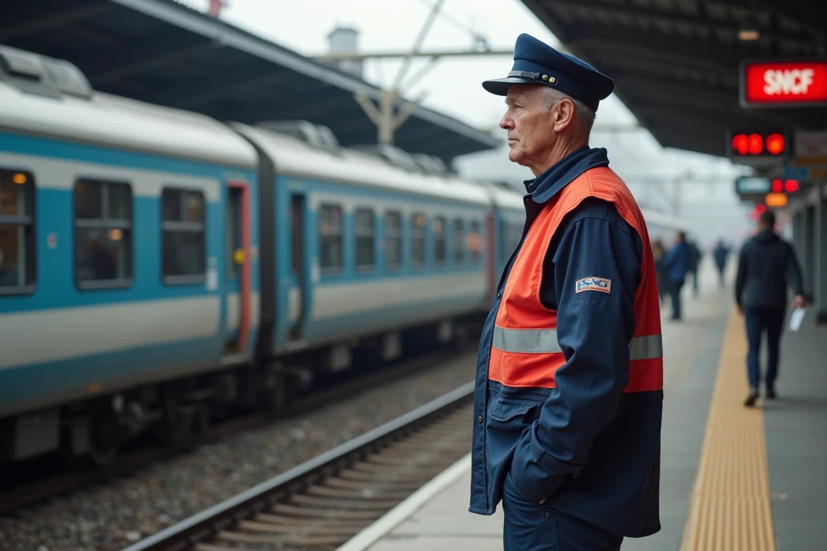 Agent de train en uniforme sur plateforme urbaine