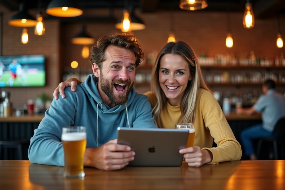 Deux amis regardant un match en streaming sur RMC Sport 2 via une tablette dans un bar sportif