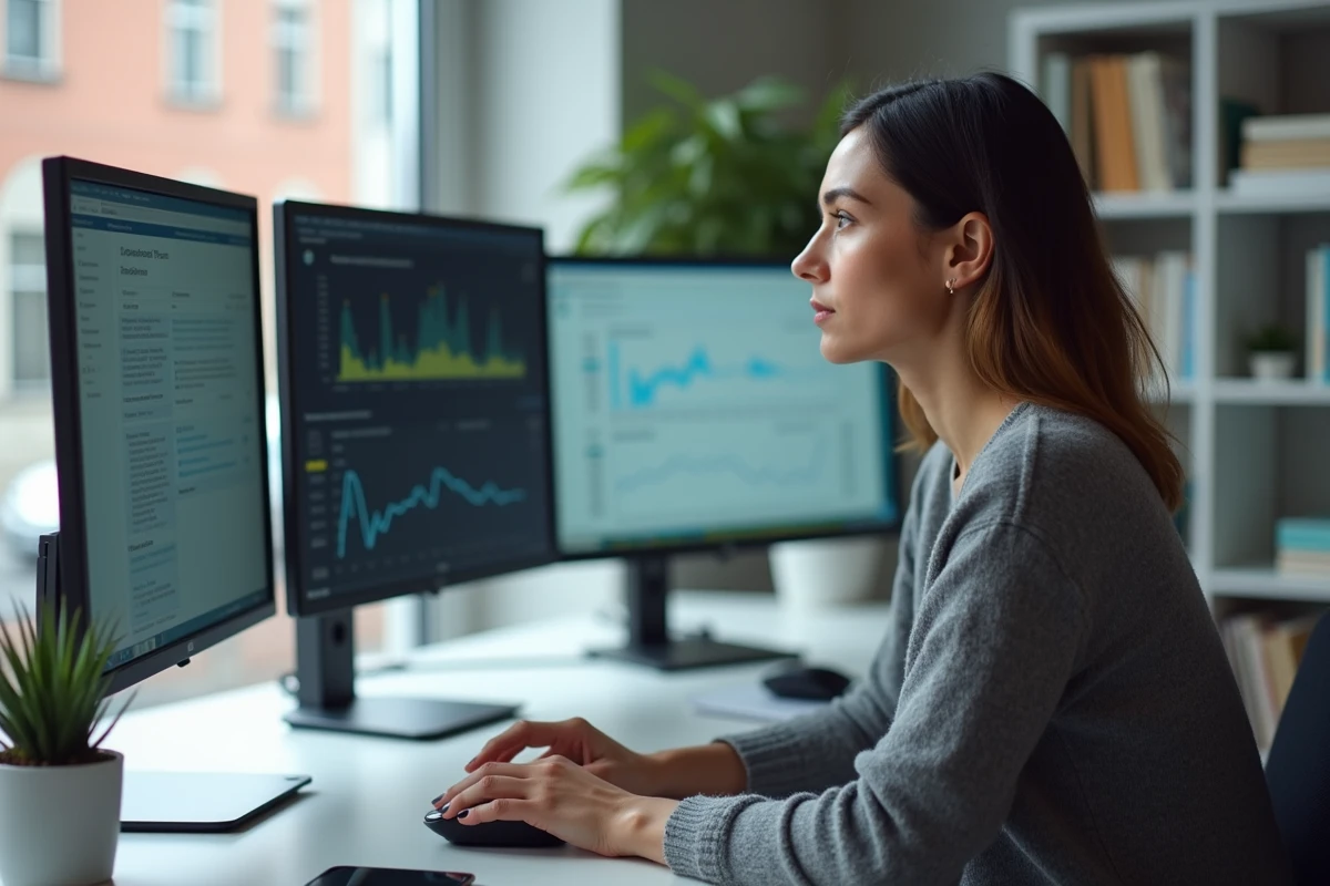 Professionnelle du marketing analysant des données de prospection sur un CRM depuis son bureau à domicile