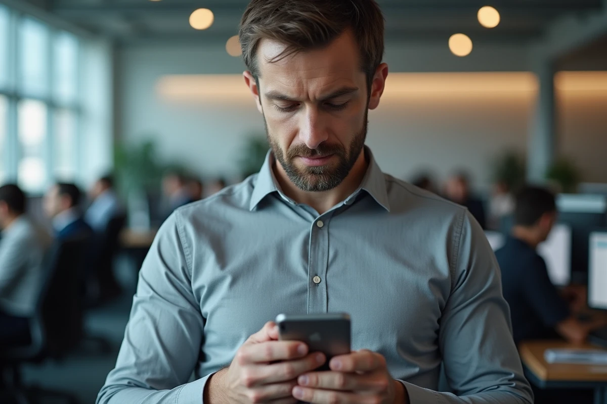 Homme vérifiant une authentification à deux facteurs sur son smartphone dans un bureau professionnel
