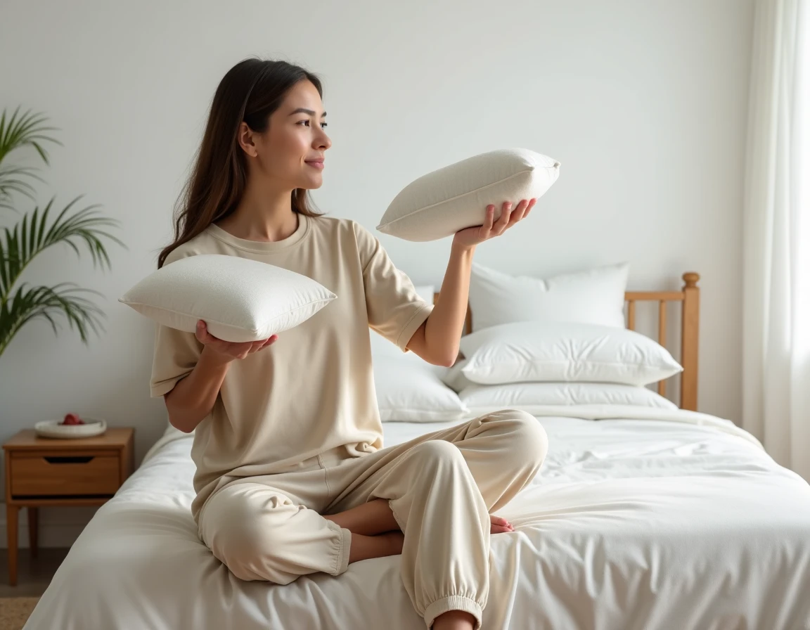 Femme comparant deux oreillers de hauteurs différentes pour choisir le meilleur soutien de tête pendant le sommeil