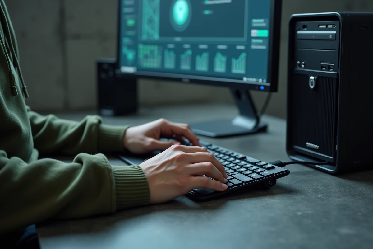 Mains branchant une clé de sécurité USB sur un ordinateur de bureau dans un espace de travail informatique