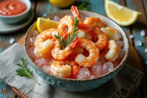 Cocktail de fruits de mer surgelés décongelés dans un bol en céramique avec sauce rose, citron et herbes fraîches