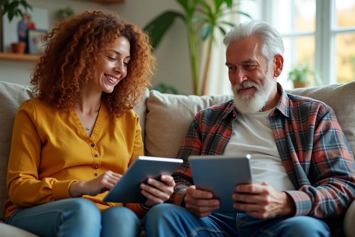 Deux personnes comparant les interfaces de sites de généalogie Filae et Geneanet sur des tablettes numériques dans un salon