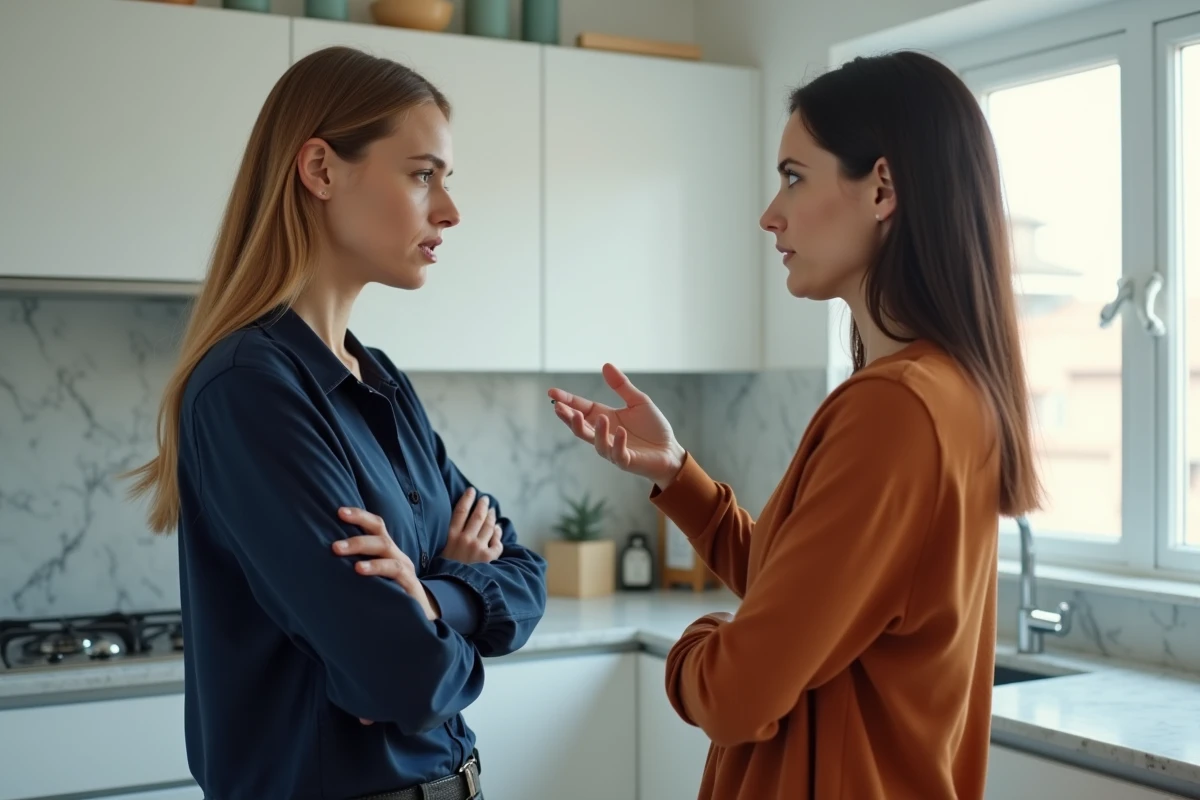 Deux femmes en tension dans une cuisine moderne, l'une bras croisés en position défensive, illustrant un conflit familial avec une sœur toxique