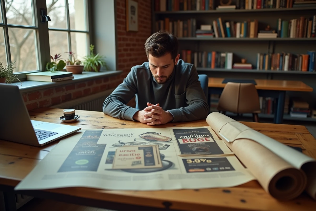 Homme consultant des affiches JCDecaux récupérées étalées sur un bureau à la maison