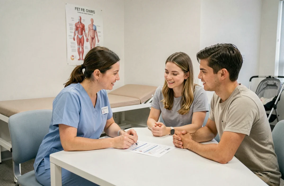 Infirmière pédiatrique en consultation avec un jeune couple de futurs parents dans une salle de maternité moderne