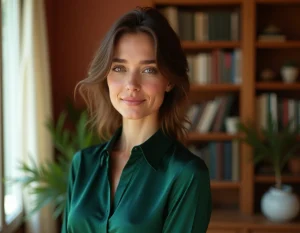Femme aux yeux noisette portant un chemisier vert forêt qui sublime son regard, dans un appartement parisien chaleureux