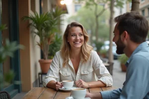 Couple complice attablé en terrasse de café, femme souriante et homme regardant la même direction dans une atmosphère détendue