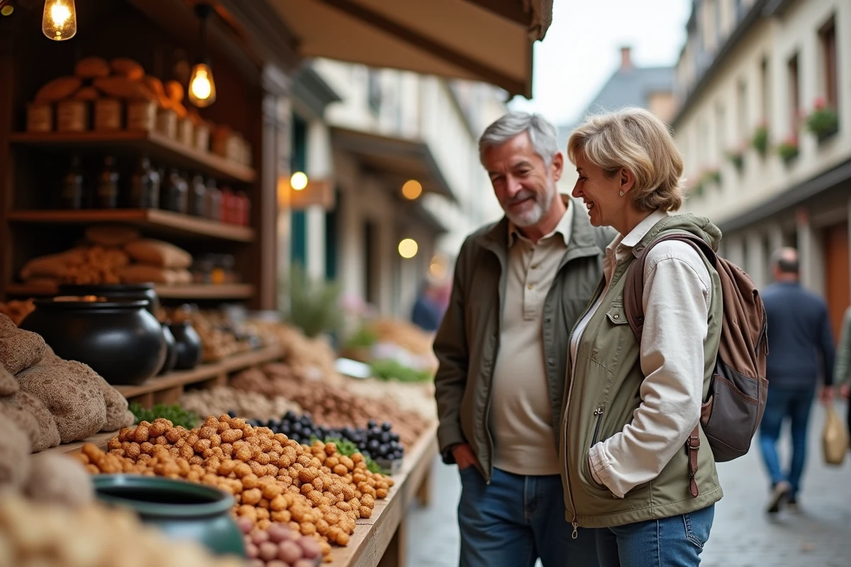 Couple en train de découvrir les produits locaux bretons sur un marché en plein air dans une place pavée entourée de maisons à colombages