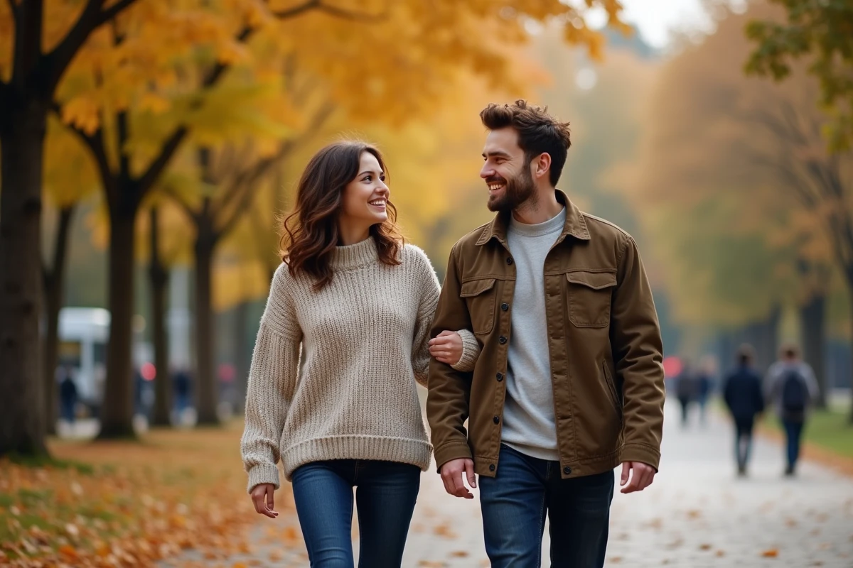 Couple se promenant bras dessus bras dessous dans un parc en automne, feuilles dorées au sol et ambiance chaleureuse
