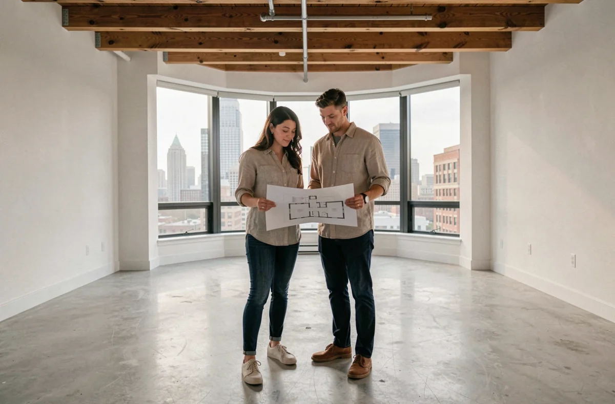 Jeune couple visitant un appartement loft moderne vide avec vue sur la ville et plan au sol en main