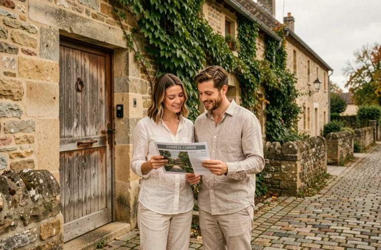 Couple examinant une maison en pierre traditionnelle à Concèze en Corrèze lors d'une visite immobilière