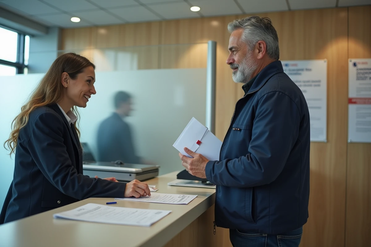 Homme effectuant des démarches administratives CESU au guichet d'un bureau officiel