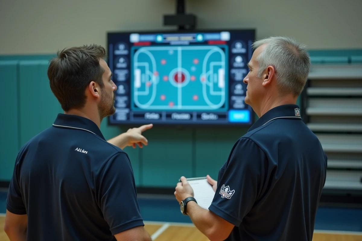 Deux entraîneurs de basketball analysant des statistiques sur un écran tactique dans un gymnase