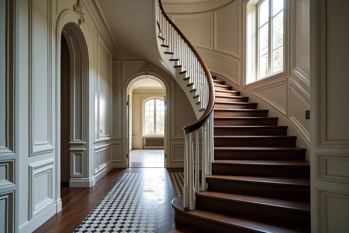 Escalier courbe de maison bourgeoise habillé d'un parquet en point de Hongrie anthracite avec rampe en noyer et balustres blancs