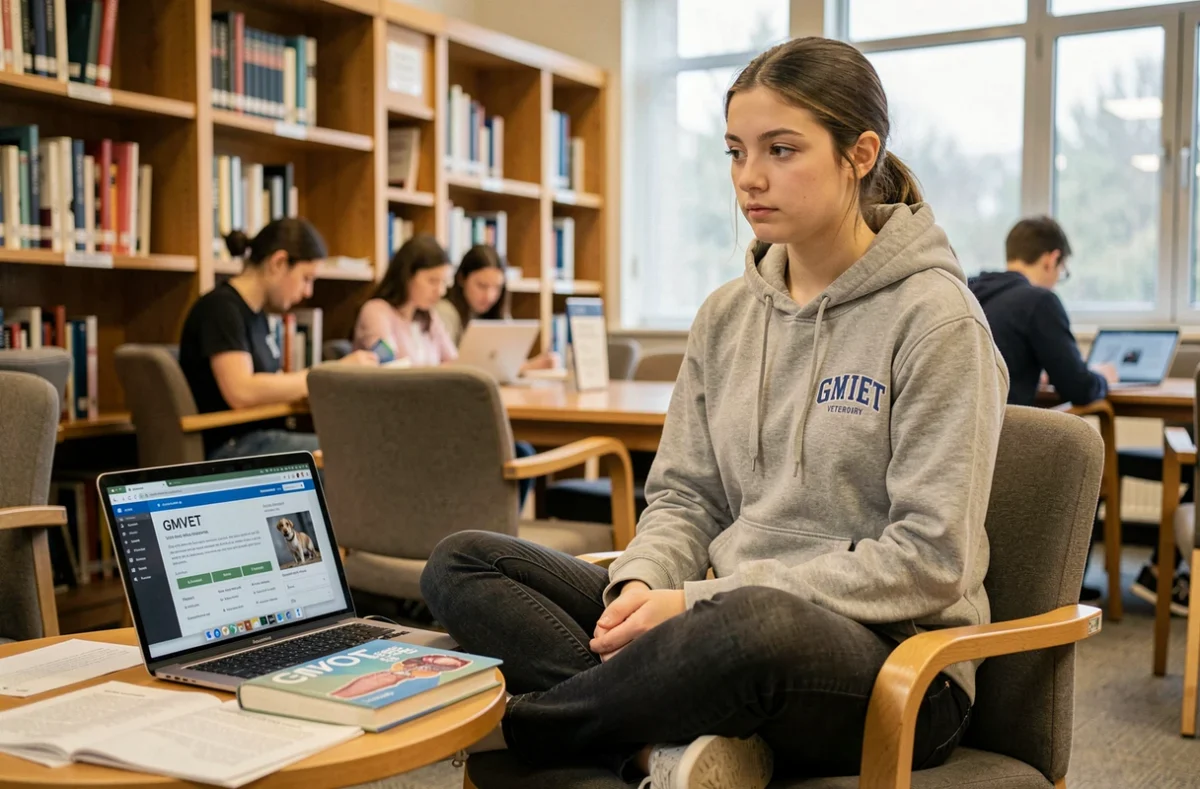 Étudiante en médecine vétérinaire accédant aux ressources GMVET sur son ordinateur dans une bibliothèque universitaire