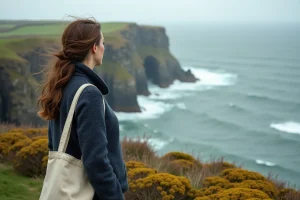 Femme en pull de marin contemplant la côte sauvage de Bretagne depuis une falaise de granit avec vue sur la mer et les ajoncs en fleurs