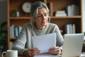 Femme consultant un document officiel CESU à son bureau pour trouver son code NAN