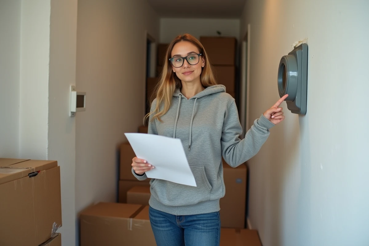 Femme consultant un formulaire administratif devant un compteur d'eau dans un couloir d'appartement en cours de déménagement