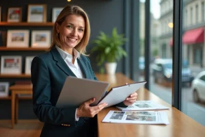 Femme d affaires confiante examinant des brochures immobilières