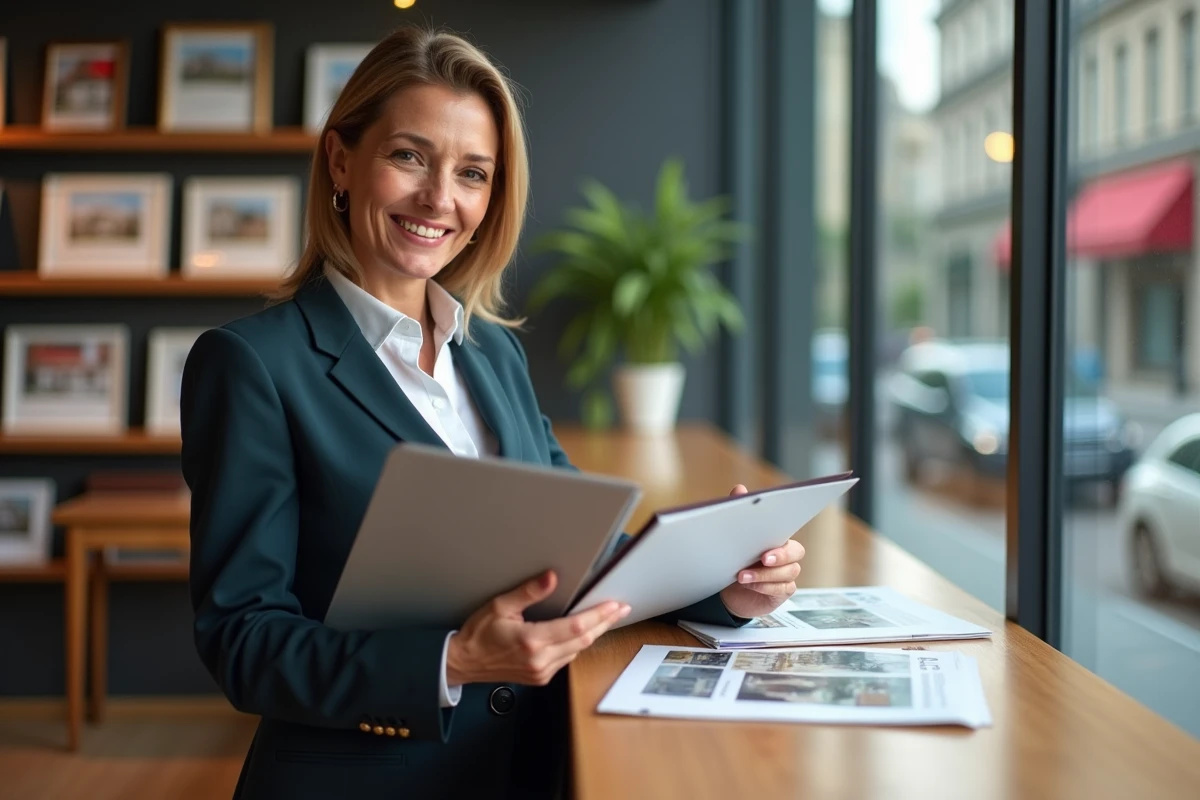 Femme d affaires confiante examinant des brochures immobilières
