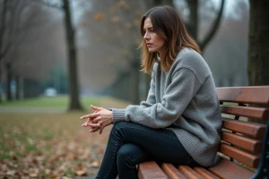 Femme assise seule sur un banc de parc en automne, air pensif et épuisé, illustrant la souffrance émotionnelle face à une relation toxique