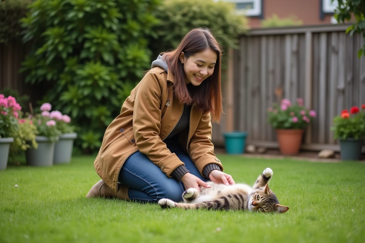 Jeune femme jouant avec un chat dans un jardin verdoyant