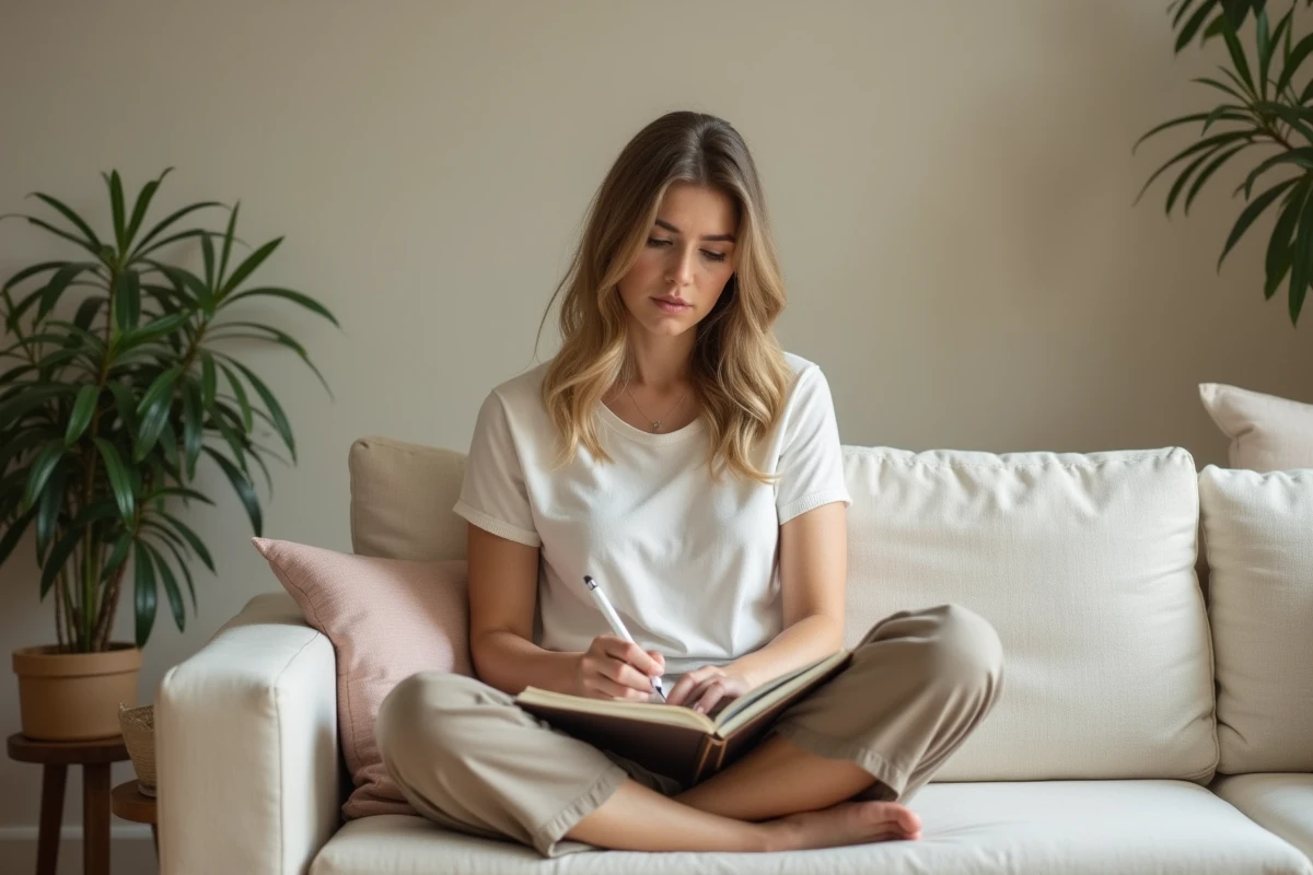 Femme écrivant dans un journal intime sur un canapé, expression sereine et déterminée, symbolisant la reconstruction de soi et la protection de son bien-être émotionnel