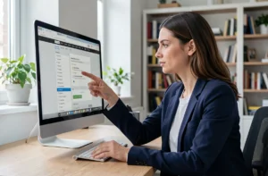 Femme naviguant sur un plan de site web sur un grand écran dans un bureau moderne