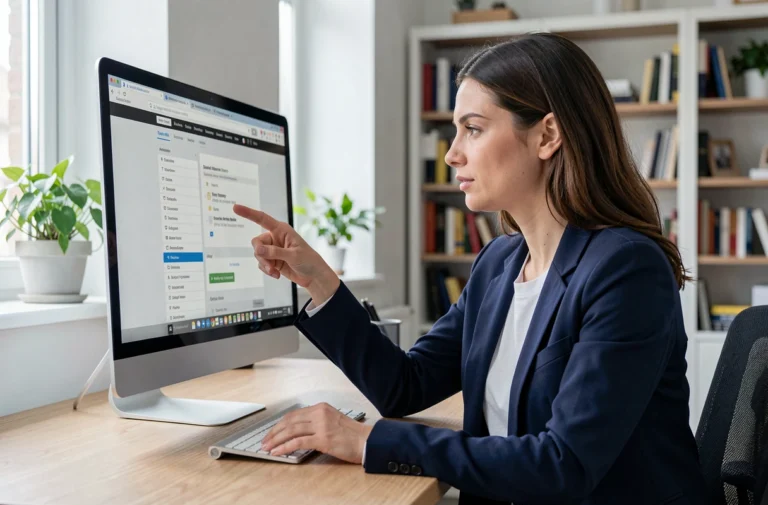 Femme naviguant sur un plan de site web sur un grand écran dans un bureau moderne