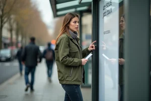 Femme examinant un panneau publicitaire abribus JCDecaux dans une rue parisienne
