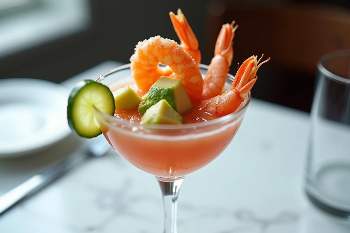 Gros plan d'une coupe de cocktail de fruits de mer surgelés avec crevettes, coquilles Saint-Jacques et sauce tomate sur marbre blanc