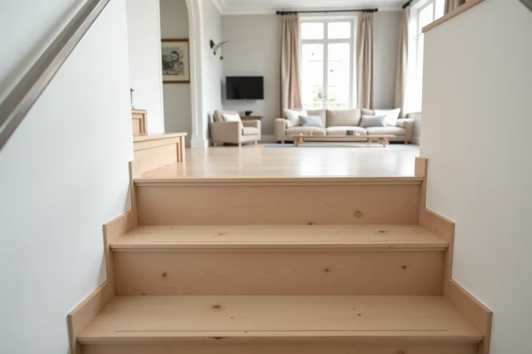 Escalier intérieur habillé de larges lames de chêne clair avec contremarches blanches et rampe en acier brossé dans un appartement contemporain