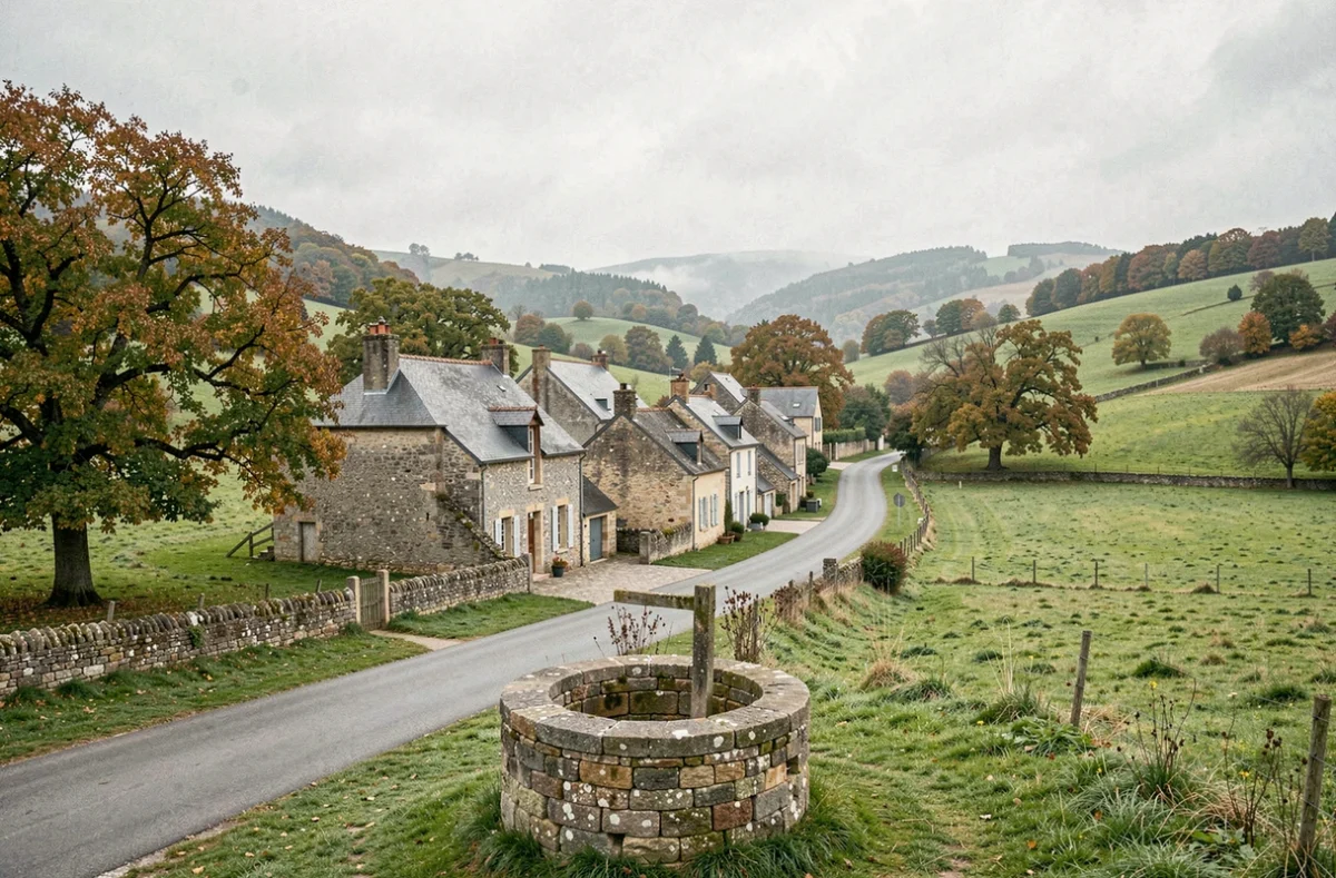 Vue panoramique d'un hameau traditionnel en Corrèze près de Concèze avec maisons en pierre et collines verdoyantes en automne