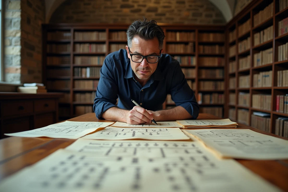 Homme consultant des documents généalogiques et des arbres familiaux imprimés dans une salle d'archives de bibliothèque