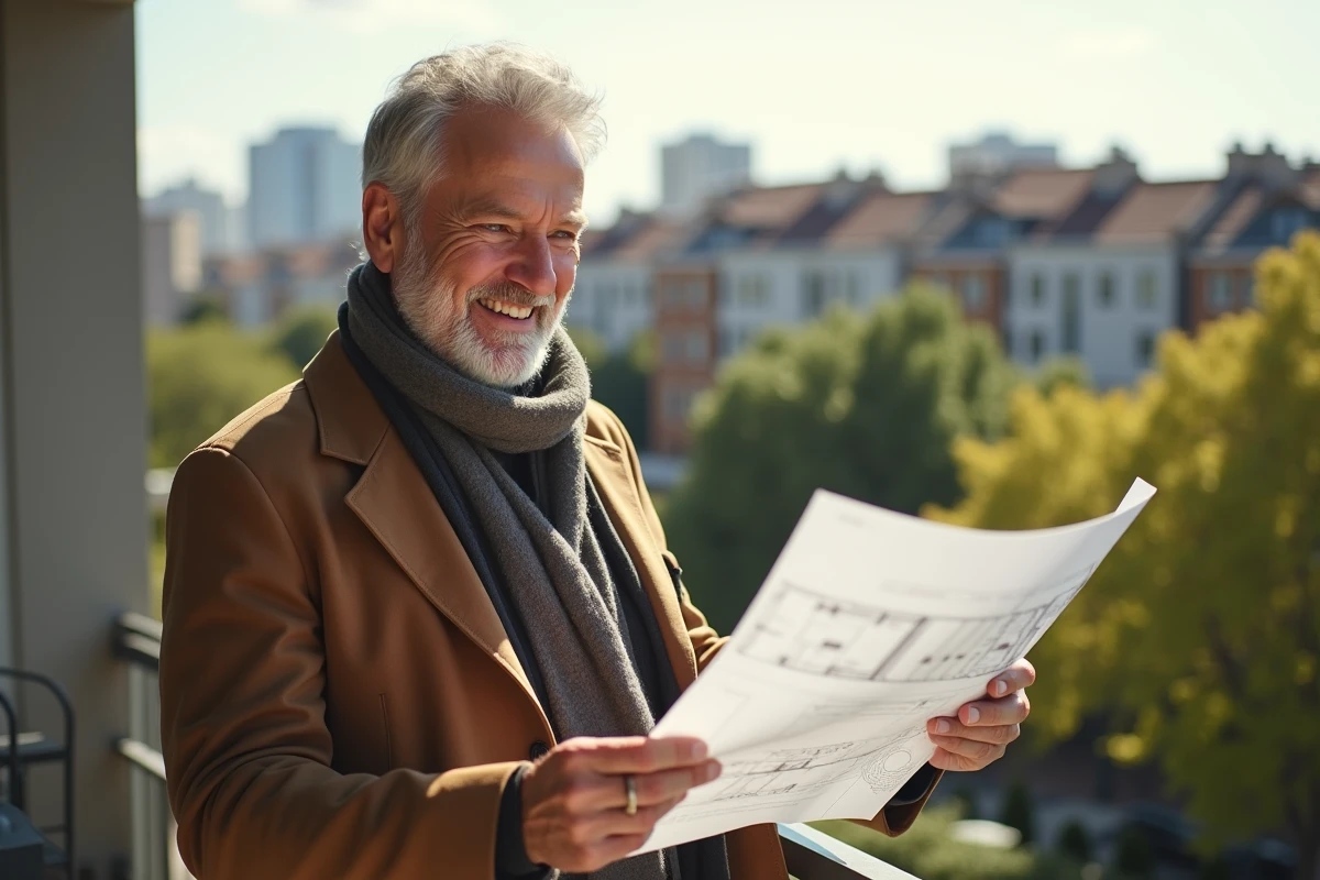 Homme souriant regardant des plans d architecture sur un balcon