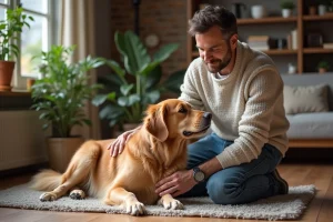 Homme caressant un golden retriever dans un salon chaleureux