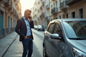 Homme inquiet parlant au téléphone à côté de sa voiture endommagée