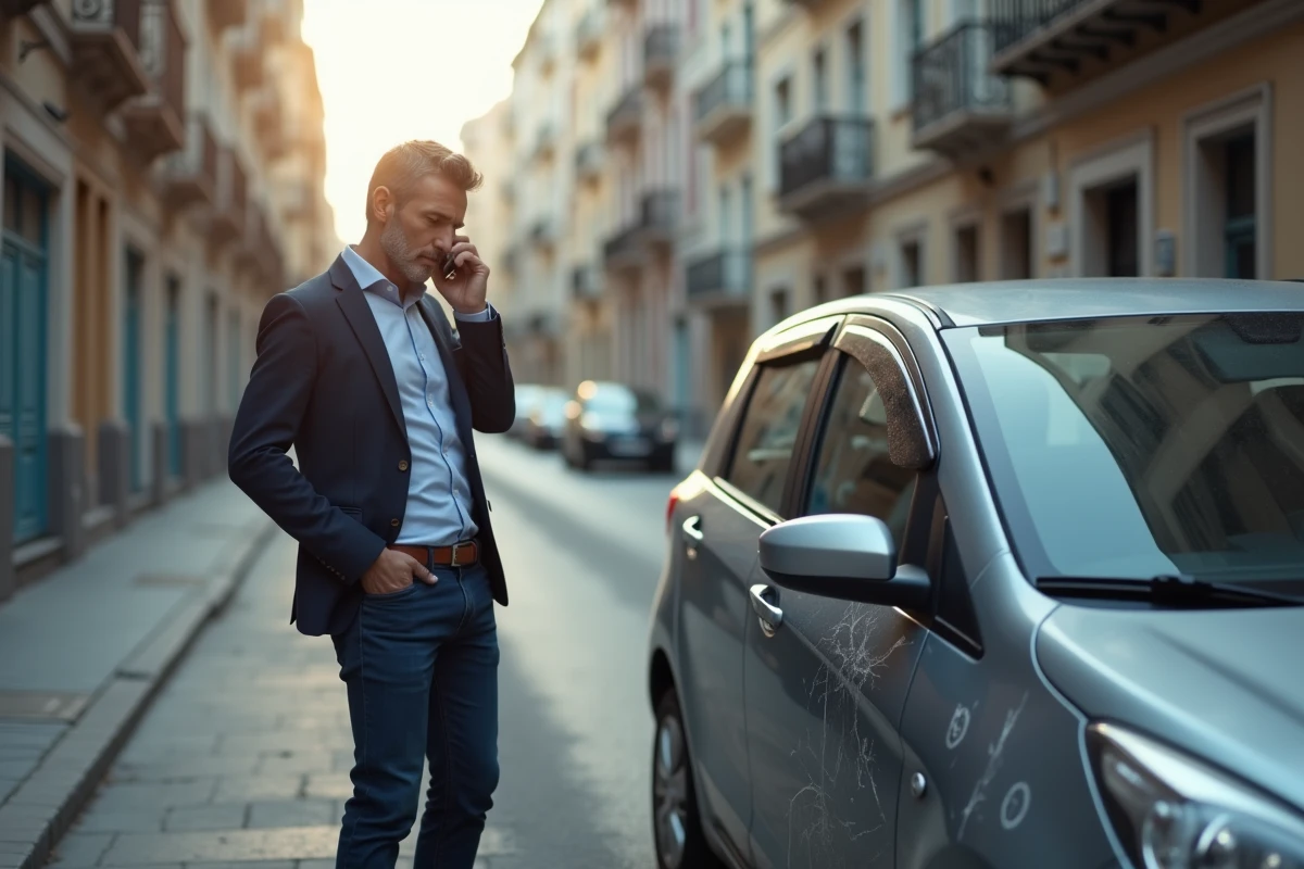 Homme inquiet parlant au téléphone à côté de sa voiture endommagée