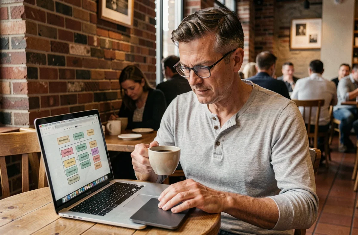 Homme consultant un plan de navigation de site web sur un ordinateur portable dans un café urbain
