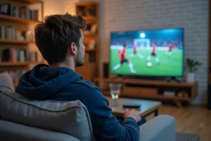 Homme regardant un match de football en streaming live sur RMC Sport 2 depuis son salon