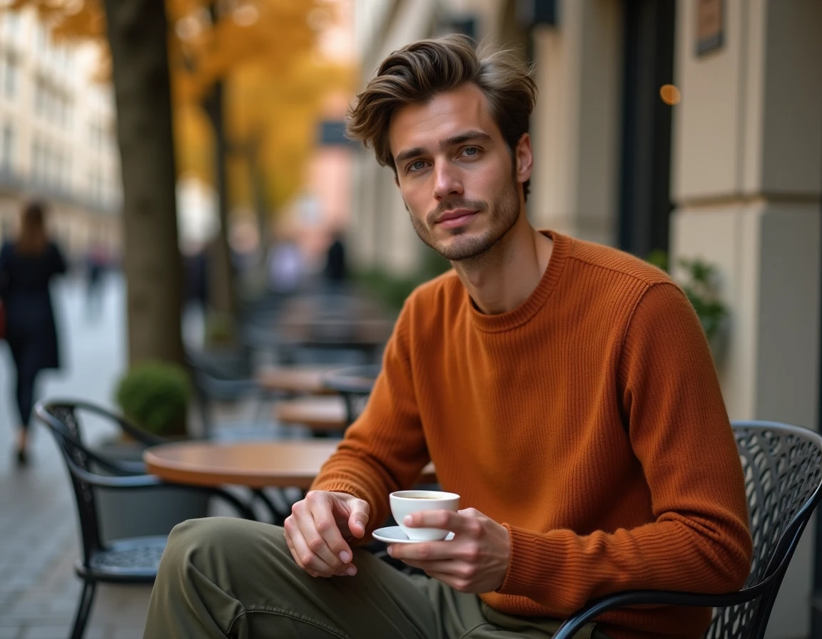 Homme aux yeux noisette en pull rouille assis en terrasse de café, couleurs chaudes qui valorisent le regard noisette