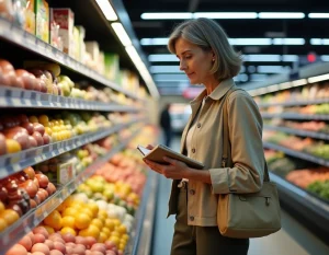 Une femme examine les étiquettes de prix dans un supermarché français, illustrant l'impact de l'inflation sur le pouvoir d'achat en 2025
