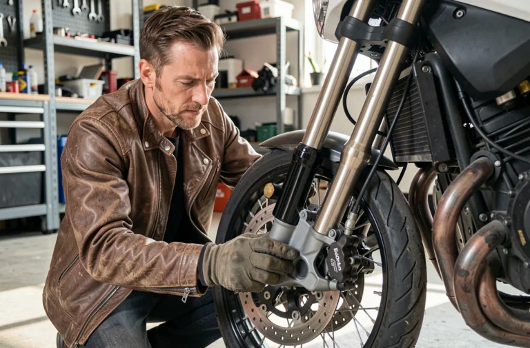 Motard inspectant les freins et la fourche de sa moto dans un garage, conseils d'entretien moto quotidien