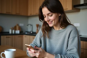 Jeune femme souriante avec smartphone dans la cuisine