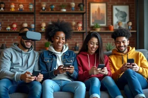 Groupe de jeunes adultes utilisant des appareils technologiques dans un salon moderne